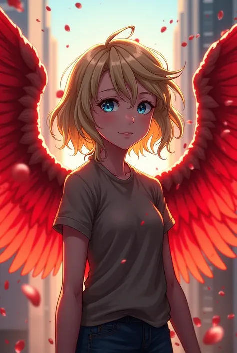 Blonde girl with short wavy hair with white highlights, blue eyes, Red wings controlled blood in the style of My hero academia 