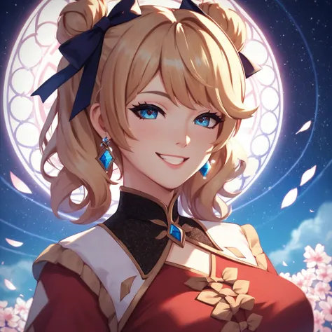 (masterpiece, best quality, highres, ultra-detailed, 8k, 4k), artbook, anime coloring, CG, illustration , fantasy, mksks ,1girl, solo, earring, ribbon, background is a huge ornate circular pattern, smile, happy looking at viewer,  stars, night, moon, outdo...