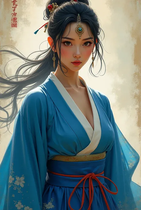 A Japanese woman in a kimono with a blue hakama and a sword, her breasts are large and appear as a cleavage, she has a sensual face and a headband on her forehead.