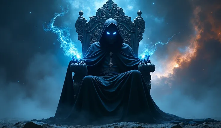 A mysterious, hooded figure sits regally on a grand, dark throne floating in the vast expanse of space. The characters face is completely hidden beneath a deep black hood, but their eyes glow with a piercing, bright blue intensity, cutting through the shad...