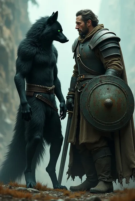 Generates an image of a humanoid black wolf with emerald green eyes, A strong man wearing medieval armor with a shield and a sword, that has a worn coat 