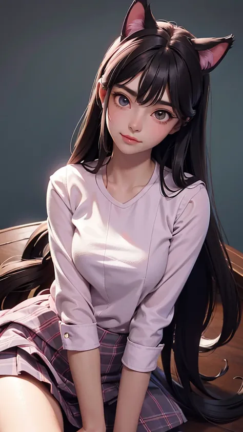 (high resolution, upper body, soft skin:1.2),(best illustration,masterpiece:1.2),ultra-detailed,[(cat ears , gray inside:1.2, brown cat eyes, rainbow long hair, large breast),vivid colors,sharp focus,portrait, low  lighting,bokeh, wearing a pink blouse and...