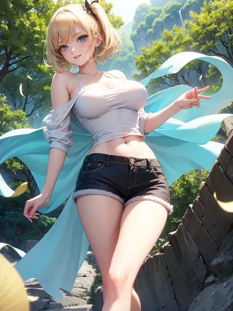 Anime style, super fine illustration, highly detailed, beautiful detailed, pale tone image, static representation, gentle expression, 8k, pretty & perfect 1girl with blonde straight short hair & blue eyes & a bright smile & big breasts & soft fair skin is ...