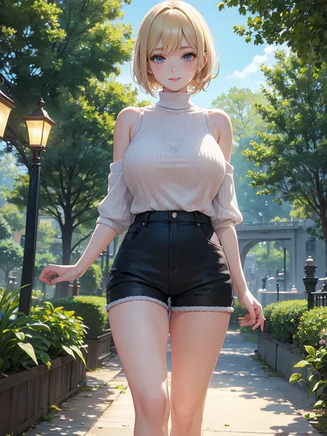 Anime style, super fine illustration, highly detailed, beautiful detailed, pale tone image, static representation, gentle expression, 8k, pretty & perfect 1girl with blonde straight short hair & blue eyes & a bright smile & big breasts & soft fair skin is ...