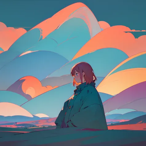 lofi, (((lofi aesthetic))), Lo-Fi, lofi vibes, calm, cozy, lofi style, warm colors, lo-fi artstyle, simplistic, ((girl far away in the distance)), mountains