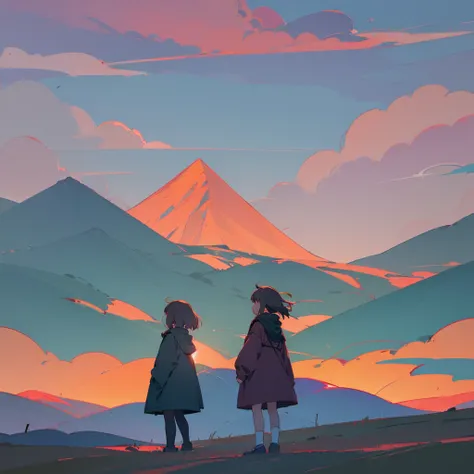 lofi, (((lofi aesthetic))), Lo-Fi, lofi vibes, calm, cozy, lofi style, warm colors, lo-fi artstyle, simplistic, ((girl far away in the distance)), mountains