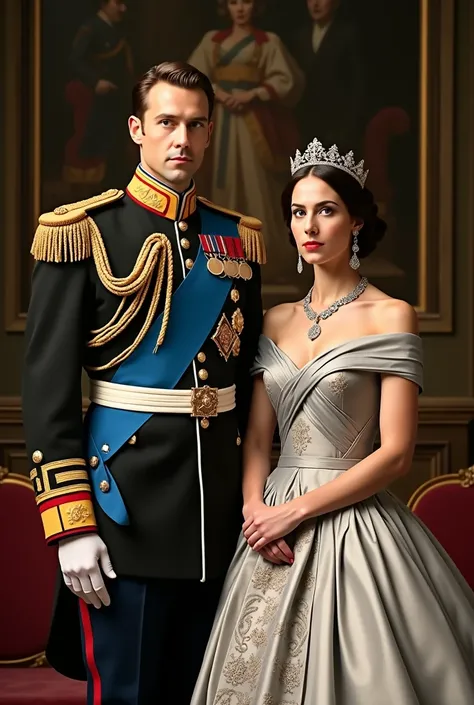 An attractive king posing for an official photo, He has a military dress suit with some medals, at your side, is his wife, the Queen, with a beautiful dark blue dress and a tiara. The dress is asymmetrical with a ribbon crossed in the middle and some medal...