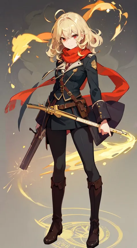 2 female ,Blonde medium length curly hair, red eyes, Thin, Big  ,scarf, Western style light guerrilla uniform, musket, boots, magic circle, Make it like tarot anime style but without the frame, sharp eyes, Golden energy, Golden particles, gunpowder