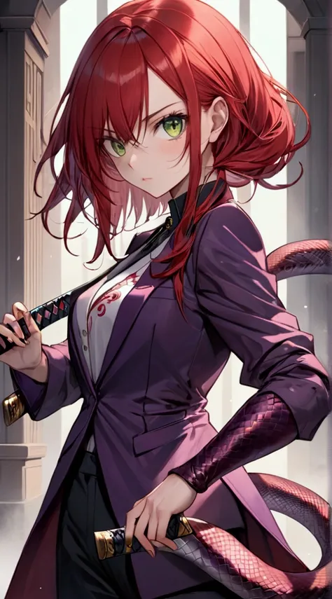 Assassin Girl in Black and Purple Suit , with katana , with snake tattoo on hand Red hair , green eyes full length frame 