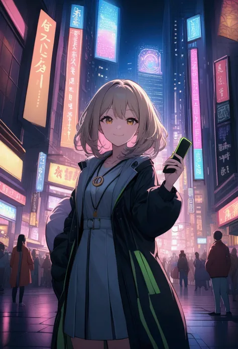 night city with anime girl inspired by marin kitagawa smiling standing in front of a bustling city at night filled with neon lights and lively streets. Smile with confidence, holding a peace symbol with his hand instead of holding a phone. The city backgro...