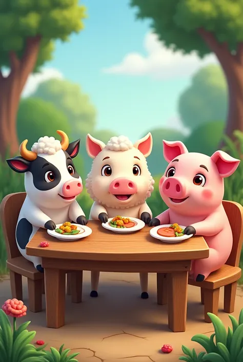 3 animals sit at a long wooden table (cow, sheep, pig) with plates of food. They sit like people on the buttocks. Cartoon style