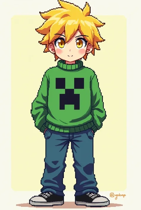 Pixel art of anime boy with yellow eyes and yellow hair wearing a green sweater with creeper logo with blue pants and black shoes 