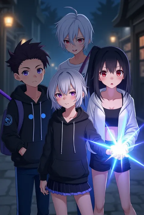 anime,1,1,boy with a purple katana on his back,girl doing magic with her hand, white haired boy up,girl with shoulder length hair and black, red eyed girl, purple eyed boy, behind a tavern , at night ,  in a black sweatshirt with some blue details, girl wi...