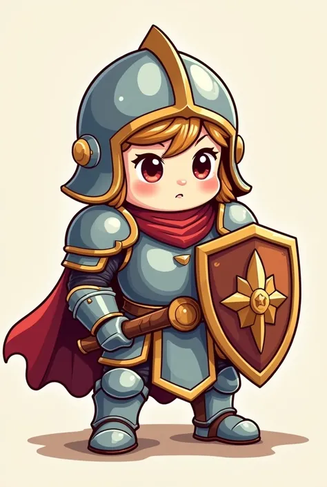 Cute paladin character in chibi drawing format with shield, armor and hammer in vector format for printing