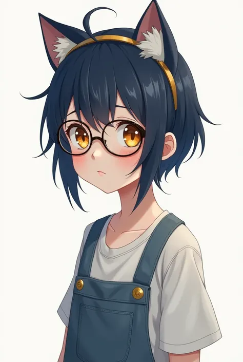 realistic style, photorealistic, very young slim fit girl, full height, rounded face, very short disheveled dark blue hair, big yellow eyes, shy smile, perfect flat breast, band on head with fake cat ears, look at you, (ahoge:1.2), megane, (white wall, sim...