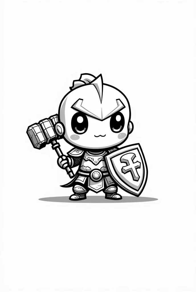 Cute paladin character in chibi drawing format with shield, armor and hammer in vector format for monochrome printing (black and white)