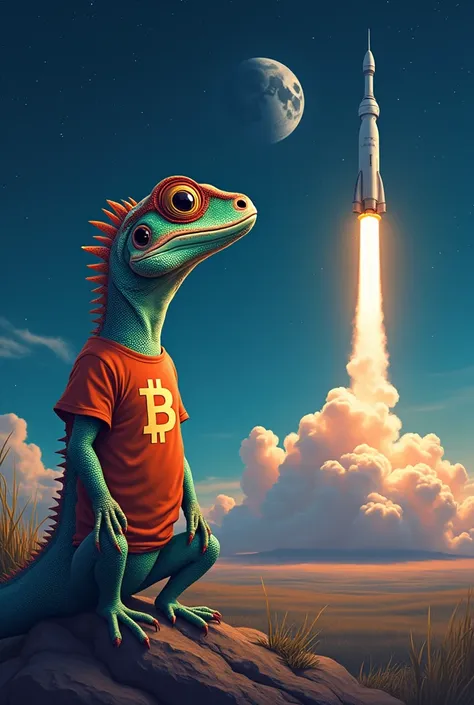  lizard in bitcoin shirt looking at rocket going to moon