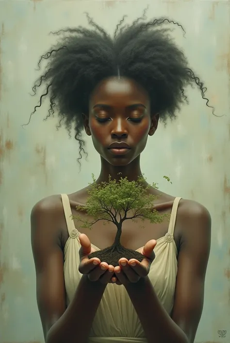 A surrealism painting concept of a black girl in a ladys wear with a tree in her hands, front view, the tree needs to be in her cupped hands together 