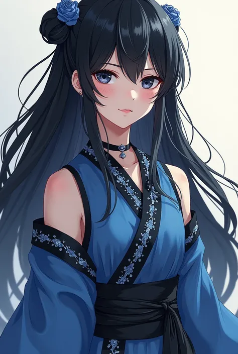 Naruto anime style drawing,  girl, with long black hair,  black eyes ,dark, white skin , blue dress with black and white ninja clothing style 