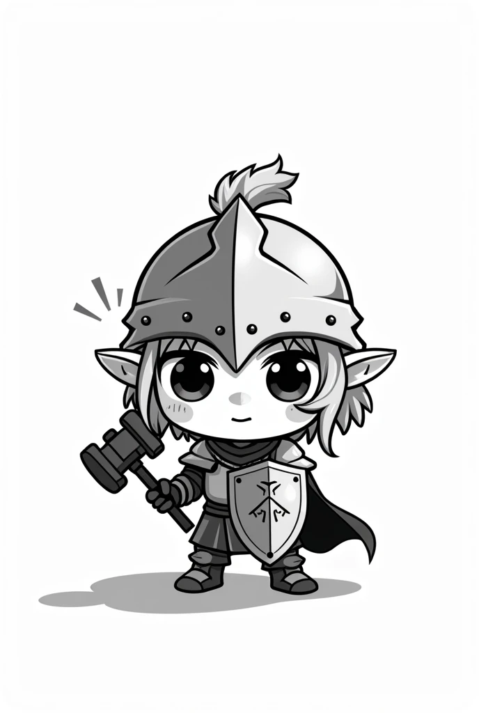 Cute paladin character in chibi drawing format with shield, armor and hammer in vector format for monochrome printing (black and white). mer cabelo. . shield appearing. mer 