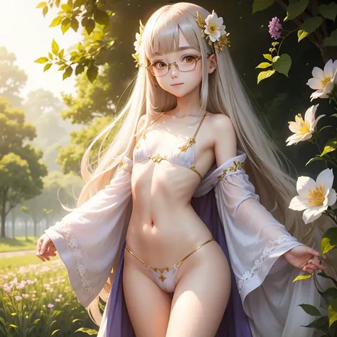 Transparent hair、hime-cut、Golden Eyes、eye glasses、ssmile、early teenage girls、flat chest、Thin pubic hair、Beautiful open legs、robe、flower  field