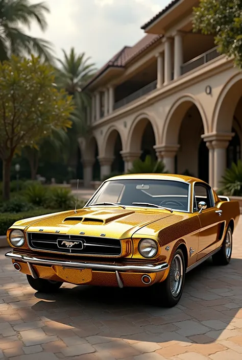 gold glitter Ford Mustang from 1960, elegant. realistic, parking spot, high villa, , professional quality, High resolution, 8k