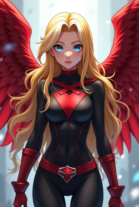  girl with long wavy strong blonde hair, with white highlights, blue eyes, Red wings in the style of My hero academia 