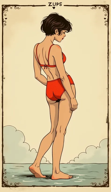 masterpiece, high quality, ful body, vintage simple tarot, teenage girl, back view, making fun of herself, swimsuit, languid pose, short haircut, brunette, vintage aesthetic line art