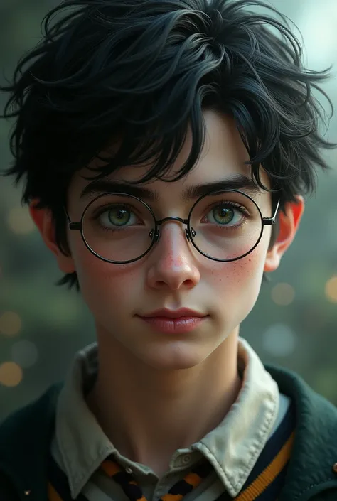 Harry potter exactement comme il est decrit dans les mivres. Garçon sorcier de 15 ans. Cheveux noirs mal coiffés. Yeux verts en amande. Visage fin. Fines lunettes rondes. Cicatrice sur le front en forme déclair 