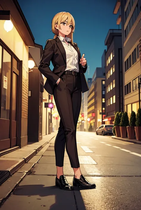 A girl with blond hair stands on the street at night .talking on the phone. with brown hair in pants with a sports jacket. 
masterpiece, accuracy, 