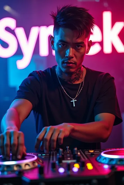 Dj with tattoo on his neck playing with the name syntek behind 