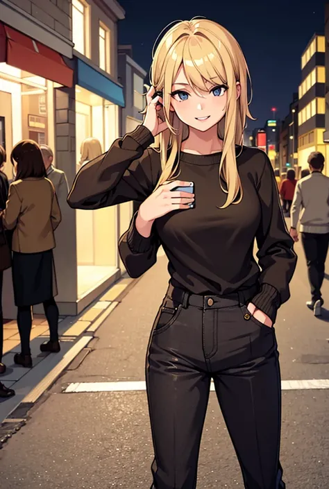 A girl with blond hair stands on the street at night .talking on the phone. with brown hair in pants in a sweater. Smiling while talking on the phone Masterpiece, accuracy, 