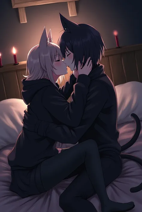 2 Anime, hoodie, cat girl, lesbian, bed, kissing, goth 