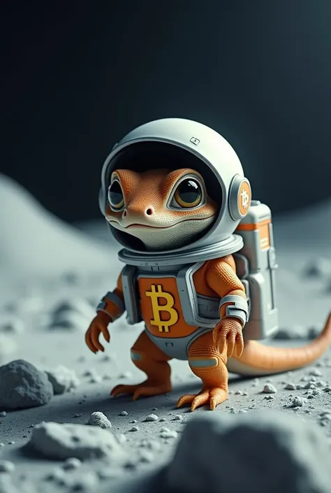  lizard in astronaut suit with Bitcoin written on it, at the moon