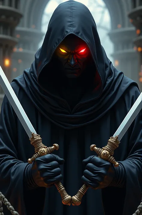 Create a Berserk style image of a human character in a black robe with gloves and two daggers. Make one of the daggers shorter and unique. And make one of his eyes glow yellow and the other red, with the remaining facial feature in shadows. Give the backgr...