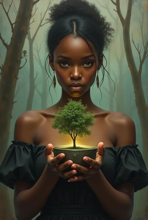 A surrealism painting concept of a black girl in a ladys wear with a tree in her hands, front view, the tree needs to be in her cupped hands together, with her ladys wear showing a little skin around the shoulders Looking at viewer, Earrings, 