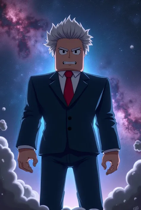 anime style character, with square body style Roblox, wearing a suit and red tie, emanating power, no hair, expression would be, background universe behind 