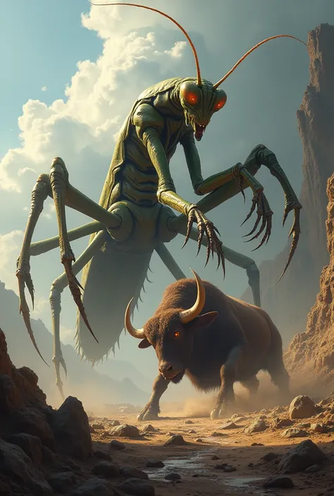 Giant mantis fighting a giant bull