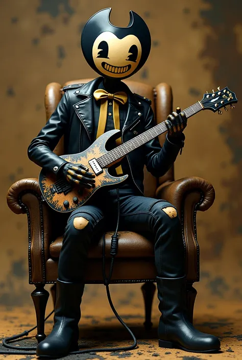 Bendy from the ink machine is sitting on a chair holding an electric guitar and he is wearing rocker clothes