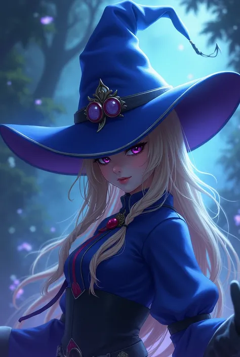 use Dark magician girl model from Yu gi oh, 
Blue pointed hat pulled back with an upward curve with pink ring decorations