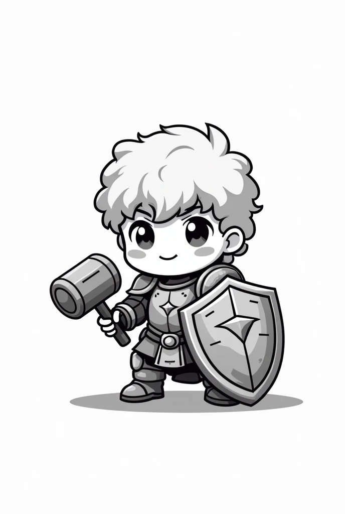 Create a cute chibi style paladin character image. The character must be one with hair, wearing armor and holding a hammer. Include a visible shield, also in chibi style. Design must be vectorized and in black and white for monochrome printing. The charact...