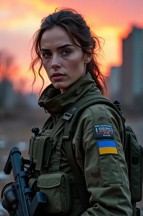 Actress Gal Gadot dresses as female soldier in Ukrainian military attire and gear. sunset, Ukrainian-Russian war 2023, ruin city background, high saturation, very detailed, best quality, detailed skin, 8k, high quality, realistically detailed, award winnin...