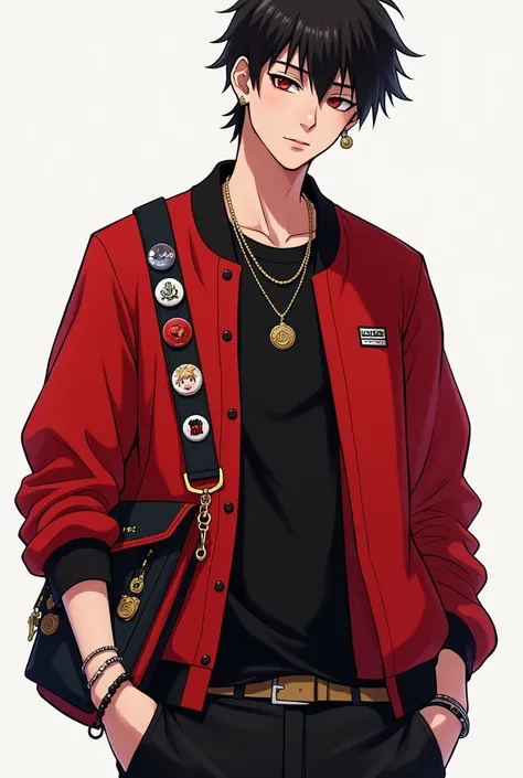 A young man in a modern outfit styled in red and black with a bag on the side with several Naruto buttons, His hands have rings and he wears a necklace and earrings