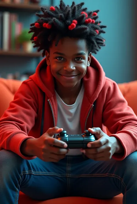 CREATE A FULL BODY IMAGE OF A BIG 3D DARK-SKIN BOY WITH AFRO BRAIDS AND RED TIPS SITTING WITH A PLAY GAMER THING IN HAND
