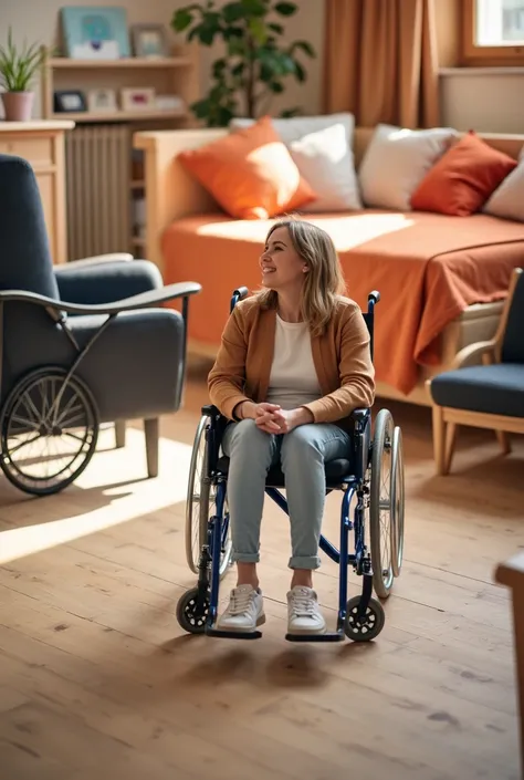 A woman in a wheelchair at home.