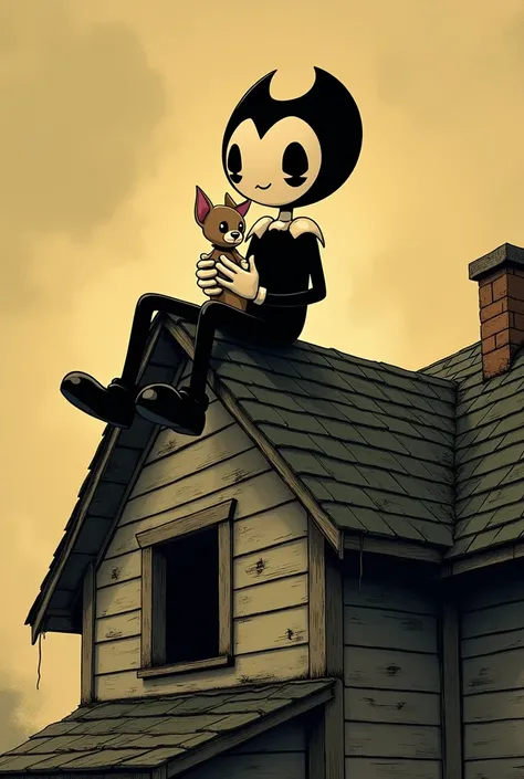 Bendy from the ink machine is sitting on the roof of an old house, he has a chihuahua in his hands and he sings music