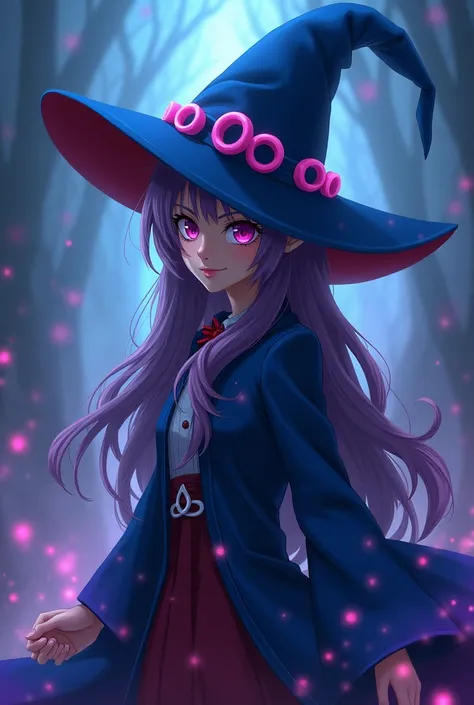 use Dark magician girl model from Yu gi oh, 
Blue pointed hat pulled back with an upward curve with pink ring decorations