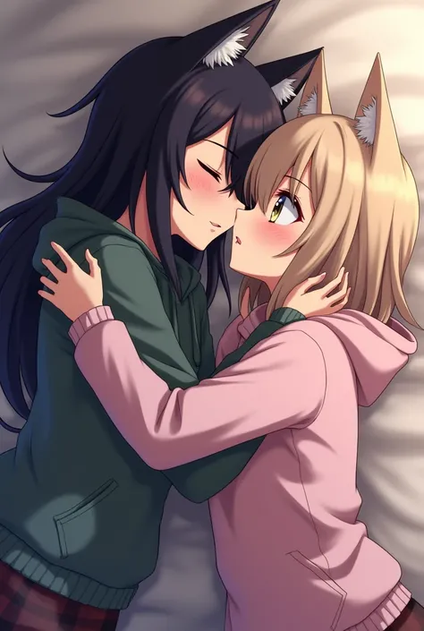 2 Anime girl, hoodie, wolf girl, lesbian, bed, kissing, goth 