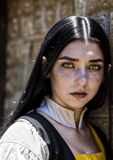 ((Fantasy Character. adult woman, with black hair and yellow eyes. Fair skin with freckles on nose and cheeks. A frightening look and expression. Woman in medieval clothing, White and black. Anime line medieval era.