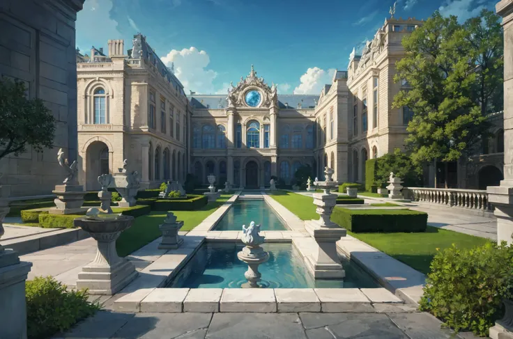 photorealistic, masterpiece, best quality, A grand baroque-style french palace with sprawling formal gardens, marble statues, and symmetrical fountains. The palace is highly detailed, with realistic textures of stone carvings, large windows, and intricate ...